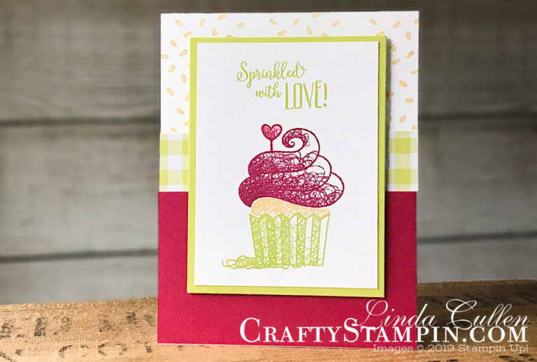 Hello Cupcake Lovely Lipstick Love | Stampin Up Demonstrator Linda Cullen | Crafty Stampin’ | Purchase your Stampin’ Up Supplies | Hello Cupcake Stamp Set | Gingham Gala Designer Series Paper | Wink of Stella
