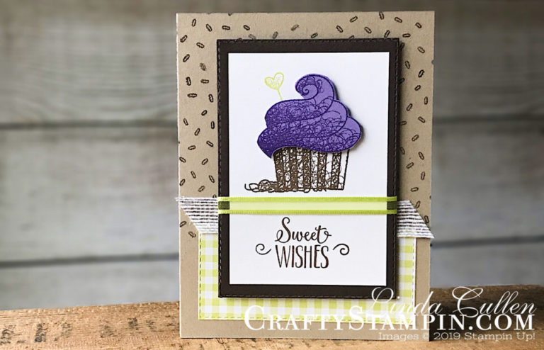 Hello Cupcake - Sweet | Stampin Up Demonstrator Linda Cullen | Crafty Stampin’ | Purchase your Stampin’ Up Supplies | Hello Cupcake Stamp Set | Gingham Gala Designer Series Paper | Rectangle Stitched Framelitls | Whisper White 5/8 Flax Ribbon