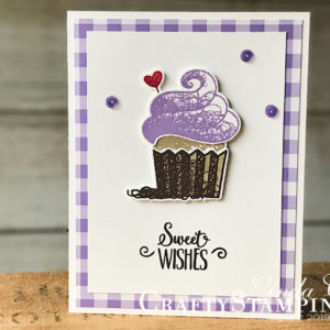 Hello Cupcake Highland Heather Gingham | Stampin Up Demonstrator Linda Cullen | Crafty Stampin’ | Purchase your Stampin’ Up Supplies | Hello Cupcake Stamp Set | Gingham Gala Designer Series Paper Gingham Gala Adhesive Backed Sequins