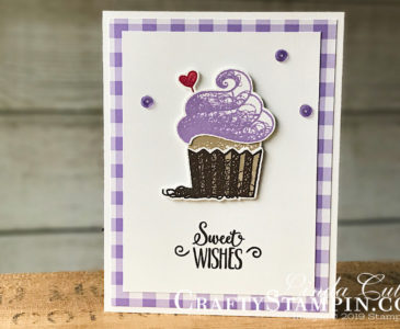 Hello Cupcake Highland Heather Gingham | Stampin Up Demonstrator Linda Cullen | Crafty Stampin’ | Purchase your Stampin’ Up Supplies | Hello Cupcake Stamp Set | Gingham Gala Designer Series Paper Gingham Gala Adhesive Backed Sequins