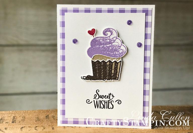 Hello Cupcake Highland Heather Gingham | Stampin Up Demonstrator Linda Cullen | Crafty Stampin’ | Purchase your Stampin’ Up Supplies | Hello Cupcake Stamp Set | Gingham Gala Designer Series Paper Gingham Gala Adhesive Backed Sequins