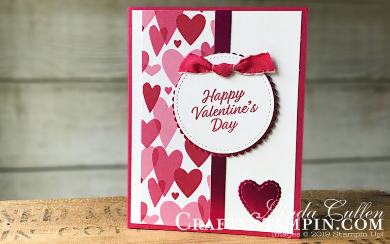 Meant to Be Happy Valentine's Day | Stampin Up Demonstrator Linda Cullen | Crafty Stampin’ | Purchase your Stampin’ Up Supplies | Meant To Be Stamp Set | All My Love Designer Series Paper Sale-a-bration Lovely Lipstick Foil Sheet | Be Mine Stitched Framelits | Stitched Shapes Framelits | Layering Circles Framelits | In Color 2018 - 2020 Stampin’ Emboss Powder | All My Love Ribbon Combo Pack
