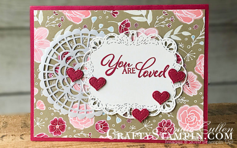 Forever Lovely You Are Loved | Stampin Up Demonstrator Linda Cullen | Crafty Stampin’ | Purchase your Stampin’ Up Supplies | Forever Lovely Stamp Set | All My Love Designer Series Paper | Stitched Labels Framelits Dies | Pearlized Doilies