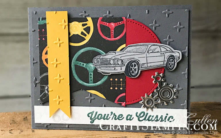 Coffee & Crafts Class: Geared Up Garage | Stampin Up Demonstrator Linda Cullen | Crafty Stampin’ | Purchase your Stampin’ Up Supplies | Geared Up Garage Stamp Set | Garage Gears Thinlits Dies | Stitched Shape Framelits | Sparkle Textured Impressions Folder | Classic Garage Designer Series Paper