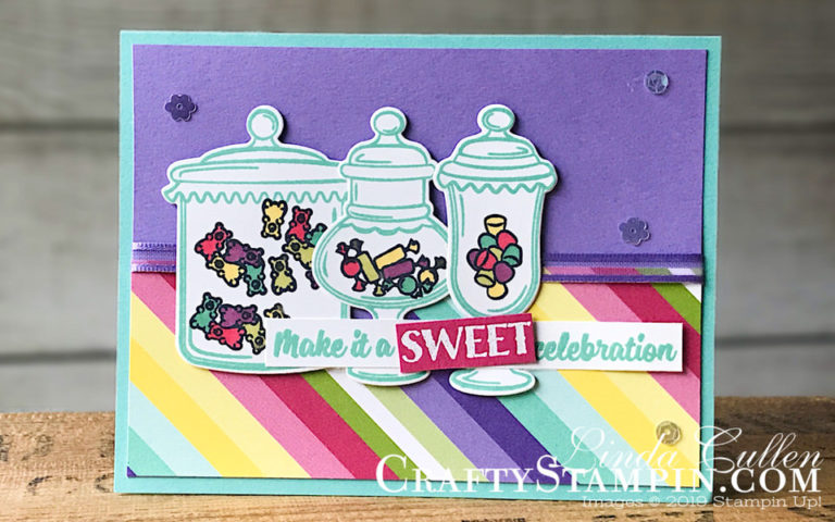 Sweetest Thing - Celebration | Stampin Up Demonstrator Linda Cullen | Crafty Stampin’ | Purchase your Stampin’ Up Supplies | Sweetest Thing Stamp Set | How Sweet It Is Designer Series Paper | Stampin’ Blends | Jar of Sweets Framelits | Organdy Ribbon Combo Pack | Gingham Gala Adhesive Backed Sequins