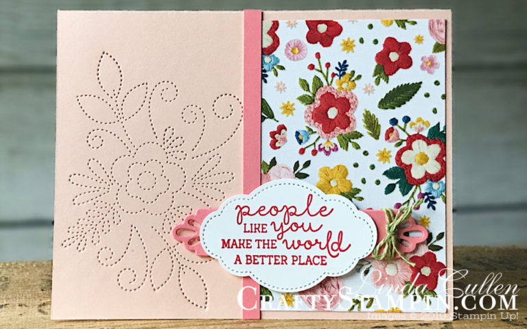 Needle & Thread A Better Place | Stampin Up Demonstrator Linda Cullen | Crafty Stampin’ | Purchase your Stampin’ Up Supplies | Needle & Thread Stamp Set | Needlepoint Nook Designer Series Paper | Needlepoint Elements Framelits Dies | Pretty Label Punch | Old Olive Linen Thread