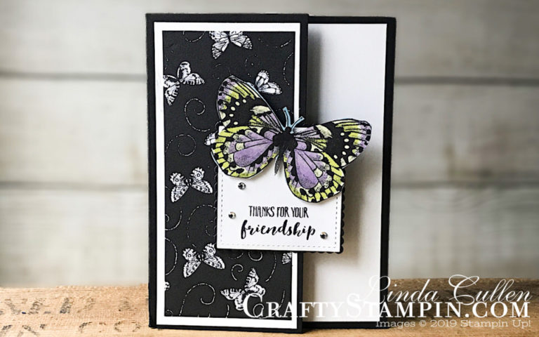 Home To Roost Friendship Butterfly | Stampin Up Demonstrator Linda Cullen | Crafty Stampin’ | Purchase your Stampin’ Up Supplies | Home To Roost Stamp Set | Botanical Butterfly Designer Series Paper | Layering Square Framelits Dies | Stitched Shapes Framelits | Rhinestone Basic Jewels