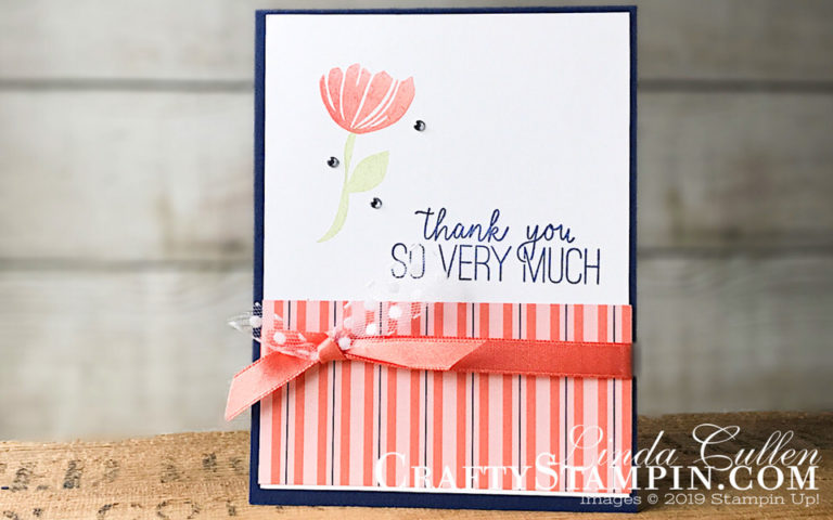 Bloom by Bloom - So Very Much | Stampin Up Demonstrator Linda Cullen | Crafty Stampin’ | Purchase your Stampin’ Up Supplies | Bloom by Bloom Stamp Sets | Happiness Blooms Designer Series Paper | Calypso Coral 3/8” Satin Ribbon | Whisper White 5/8 Polka Dot Tulie Ribbon