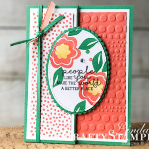 Bloom by Bloom People Like You | Stampin Up Demonstrator Linda Cullen | Crafty Stampin’ | Purchase your Stampin’ Up Supplies | Bloom by Bloom Stamp Set | Needle & Thread stamp set | Happiness Blooms Designer Series Paper | Stitched Shapes Framelits Dies | Layering Ovals Framelits Dies | Dot to Dot Textued Impressions Embossing Folder | Call Me Clover 1/8” Grosgrain Ribbon | Rhinestone Basics Jewels | Calypso Coral 1/4” Ombre Ribbon | Happiness Blooms Enamel Shapes