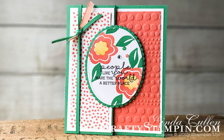 Bloom by Bloom People Like You | Stampin Up Demonstrator Linda Cullen | Crafty Stampin’ | Purchase your Stampin’ Up Supplies | Bloom by Bloom Stamp Set | Needle & Thread stamp set | Happiness Blooms Designer Series Paper | Stitched Shapes Framelits Dies | Layering Ovals Framelits Dies | Dot to Dot Textued Impressions Embossing Folder | Call Me Clover 1/8” Grosgrain Ribbon | Rhinestone Basics Jewels | Calypso Coral 1/4” Ombre Ribbon | Happiness Blooms Enamel Shapes