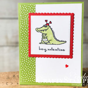 Hey Love Alligator | Stampin Up Demonstrator Linda Cullen | Crafty Stampin’ | Purchase your Stampin’ Up Supplies | Hey Love Stamp Set | Brights 6x6 Designer Series Paper | Layering Square Framelits | Stitched Shapes Framelits | Heart Epoxy Droplets | Stampin Blends