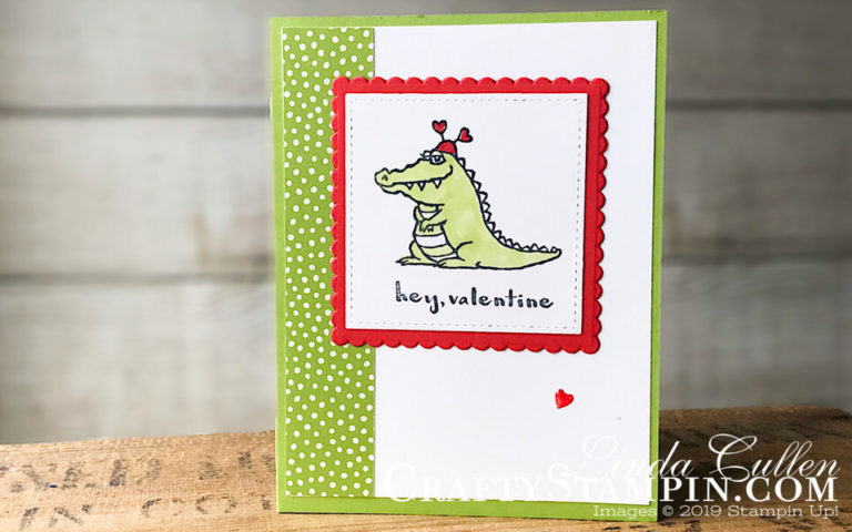 Hey Love Alligator | Stampin Up Demonstrator Linda Cullen | Crafty Stampin’ | Purchase your Stampin’ Up Supplies | Hey Love Stamp Set | Brights 6x6 Designer Series Paper | Layering Square Framelits | Stitched Shapes Framelits | Heart Epoxy Droplets | Stampin Blends