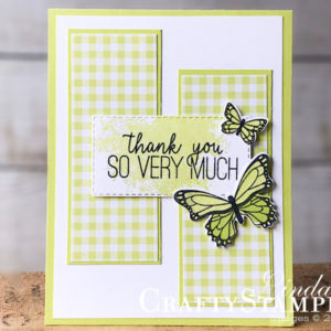 Butterfly Gala with Lemon Lime Twist Gingham | Stampin Up Demonstrator Linda Cullen | Crafty Stampin’ | Purchase your Stampin’ Up Supplies | Butterfly Gala Stamp Set | Butterfly Duet Punch | Gingham Gala Designer Series Paper | Rectangle Stitched Framelits Dies | Wink of Stella