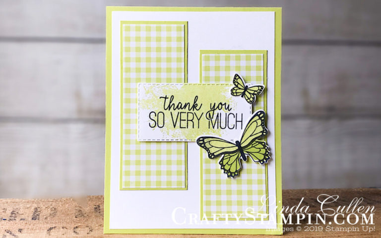 Butterfly Gala with Lemon Lime Twist Gingham | Stampin Up Demonstrator Linda Cullen | Crafty Stampin’ | Purchase your Stampin’ Up Supplies | Butterfly Gala Stamp Set | Butterfly Duet Punch | Gingham Gala Designer Series Paper | Rectangle Stitched Framelits Dies | Wink of Stella