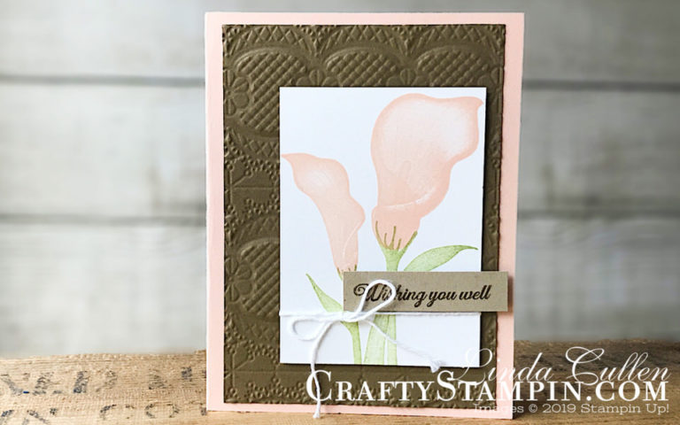 Lasting Lily - Wishing You Well | Stampin Up Demonstrator Linda Cullen | Crafty Stampin’ | Purchase your Stampin’ Up Supplies | Lasting Lily Stamp Set | Lace Dynamic Embossing Folder | Whisper White Solid Baker’s Twine |