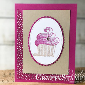 Hello Cupcake in Berry Burst | Stampin Up Demonstrator Linda Cullen | Crafty Stampin’ | Purchase your Stampin’ Up Supplies | Hello Cupcake Stamp Set | Layering Ovals Framelits Dies | Story Label Punch | Stitched Shapes Framelits | Petal Pink Rhinestone Gems