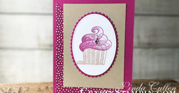 Hello Cupcake in Berry Burst | Stampin Up Demonstrator Linda Cullen | Crafty Stampin’ | Purchase your Stampin’ Up Supplies | Hello Cupcake Stamp Set | Layering Ovals Framelits Dies | Story Label Punch | Stitched Shapes Framelits | Petal Pink Rhinestone Gems