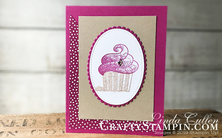 Hello Cupcake in Berry Burst | Stampin Up Demonstrator Linda Cullen | Crafty Stampin’ | Purchase your Stampin’ Up Supplies | Hello Cupcake Stamp Set | Layering Ovals Framelits Dies | Story Label Punch | Stitched Shapes Framelits | Petal Pink Rhinestone Gems