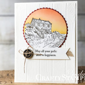By The Bay Sunset Sky | Stampin Up Demonstrator Linda Cullen | Crafty Stampin’ | Purchase your Stampin’ Up Supplies | By The Bay Stamp Set | Layering Circle Framelits | Pinewood Planks Dynamic Texture Impressions Embossing Folder | Linen Thread | 5/8 Burlap Ribbon | True Gentleman