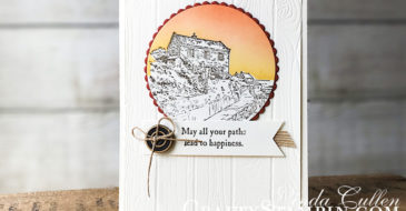 By The Bay Sunset Sky | Stampin Up Demonstrator Linda Cullen | Crafty Stampin’ | Purchase your Stampin’ Up Supplies | By The Bay Stamp Set | Layering Circle Framelits | Pinewood Planks Dynamic Texture Impressions Embossing Folder | Linen Thread | 5/8 Burlap Ribbon | True Gentleman