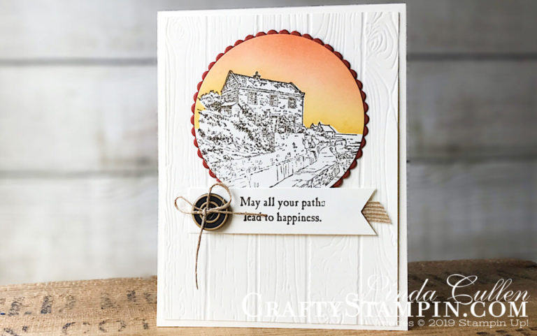 By The Bay Sunset Sky | Stampin Up Demonstrator Linda Cullen | Crafty Stampin’ | Purchase your Stampin’ Up Supplies | By The Bay Stamp Set | Layering Circle Framelits | Pinewood Planks Dynamic Texture Impressions Embossing Folder | Linen Thread | 5/8 Burlap Ribbon | True Gentleman