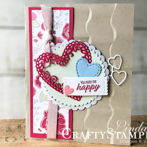 Meant To Be - You Make Me Happy | Stampin Up Demonstrator Linda Cullen | Crafty Stampin’ | Purchase your Stampin’ Up Supplies | Meant to Be Stamp Set | All My Love Designer Series Paper | Be Mine Stitched Framelits | Stitched Labels Framelits Dies | Ruffled Dynamic Textured Impressions Embossing Folder | Powder Pink Shimmer 3/8” Ribbon | Pearlized Doilies