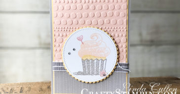 Hello Cupcake in Petal Pink | Stampin Up Demonstrator Linda Cullen | Crafty Stampin’ | Purchase your Stampin’ Up Supplies | Hello Cupcake Stamp Set | Twinkle Twinkle Designer Series Paper | Stitched Shapes Framelits Dies | Layering Circle Framelits Dies | Dot to Dot Textued Impressions Embossing Folder | Gray Granite Textured Weave Ribbon | Rhinestone Basics Jewels