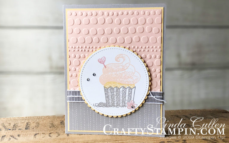 Hello Cupcake in Petal Pink | Stampin Up Demonstrator Linda Cullen | Crafty Stampin’ | Purchase your Stampin’ Up Supplies | Hello Cupcake Stamp Set | Twinkle Twinkle Designer Series Paper | Stitched Shapes Framelits Dies | Layering Circle Framelits Dies | Dot to Dot Textued Impressions Embossing Folder | Gray Granite Textured Weave Ribbon | Rhinestone Basics Jewels