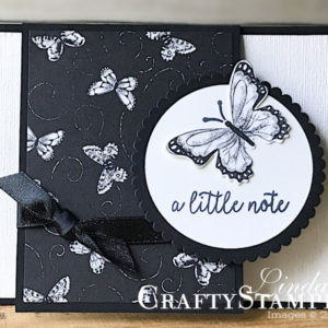 Botanical Butterfly Little Note Fun Fold | Stampin Up Demonstrator Linda Cullen | Crafty Stampin’ | Purchase your Stampin’ Up Supplies | Butterfly Gala Stamp Set | Botanical Butterfly Designer Series Paper | Subtle Dynamic Textued Impressions Embossing Folder | Butterfly Duet Punch | Layering Circle Framelits | Basic Black 3/8 Shimmer Ribbon