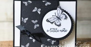 Botanical Butterfly Little Note Fun Fold | Stampin Up Demonstrator Linda Cullen | Crafty Stampin’ | Purchase your Stampin’ Up Supplies | Butterfly Gala Stamp Set | Botanical Butterfly Designer Series Paper | Subtle Dynamic Textued Impressions Embossing Folder | Butterfly Duet Punch | Layering Circle Framelits | Basic Black 3/8 Shimmer Ribbon