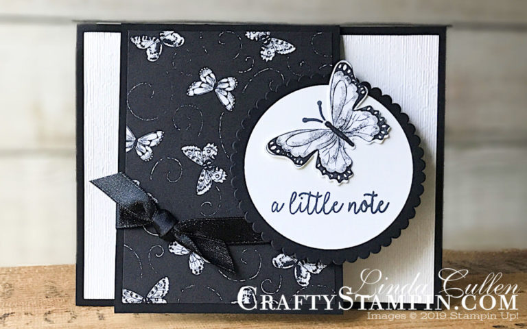 Botanical Butterfly Little Note Fun Fold | Stampin Up Demonstrator Linda Cullen | Crafty Stampin’ | Purchase your Stampin’ Up Supplies | Butterfly Gala Stamp Set | Botanical Butterfly Designer Series Paper | Subtle Dynamic Textued Impressions Embossing Folder | Butterfly Duet Punch | Layering Circle Framelits | Basic Black 3/8 Shimmer Ribbon