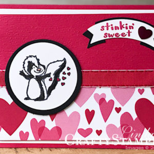 Hey Love Stinkin' Sweet Skunk | Stampin Up Demonstrator Linda Cullen | Crafty Stampin’ | Purchase your Stampin’ Up Supplies | Hey Love Stamp Set | All My Love Designer Series Paper | Duet Banner Punch | All My Love Ribbon Combo | Subtle Dynamic Textured Impressions Embossing Folder