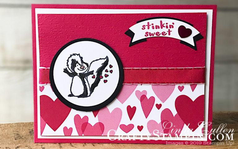 Hey Love Stinkin' Sweet Skunk | Stampin Up Demonstrator Linda Cullen | Crafty Stampin’ | Purchase your Stampin’ Up Supplies | Hey Love Stamp Set | All My Love Designer Series Paper | Duet Banner Punch | All My Love Ribbon Combo | Subtle Dynamic Textured Impressions Embossing Folder