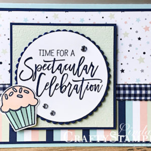 Birthday Cheer Spectacular Celebration | Stampin Up Demonstrator Linda Cullen | Crafty Stampin’ | Purchase your Stampin’ Up Supplies | Birthday Cheer Stamp Set | Detailed Birthday Edgelits Dies | Subtle Dynamic Textured Impressions Embossing Folder | Stampin Blends | Night of Navy 1/2 Gingham Ribbon | Layering Circle Framelits Dies | Layering Square Framelits Dies | Rhinestone Basic Jewels