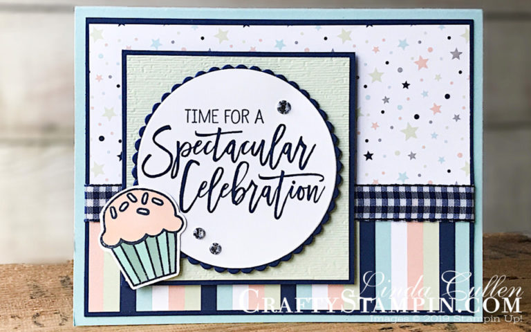 Birthday Cheer Spectacular Celebration | Stampin Up Demonstrator Linda Cullen | Crafty Stampin’ | Purchase your Stampin’ Up Supplies | Birthday Cheer Stamp Set | Detailed Birthday Edgelits Dies | Subtle Dynamic Textured Impressions Embossing Folder | Stampin Blends | Night of Navy 1/2 Gingham Ribbon | Layering Circle Framelits Dies | Layering Square Framelits Dies | Rhinestone Basic Jewels