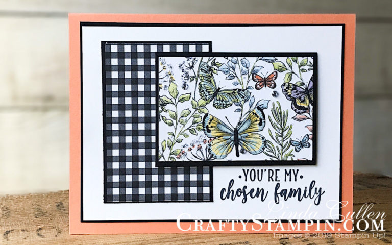 Part Of My Story Butterfly | Stampin Up Demonstrator Linda Cullen | Crafty Stampin’ | Purchase your Stampin’ Up Supplies | Part of My Story Stamp Set | Botanical Butterfly Designer Series Paper | Rhinestone Basic Jewls
