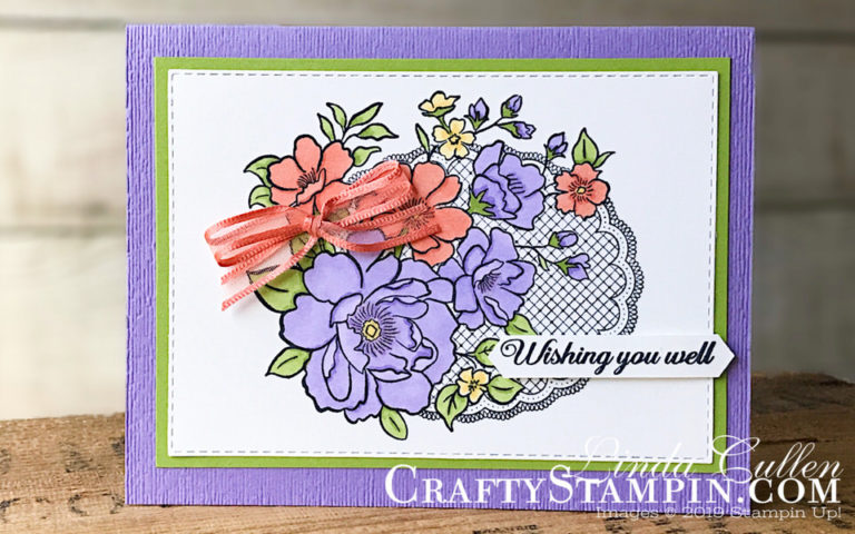 Lovely Lattice - Highland Heather | Stampin Up Demonstrator Linda Cullen | Crafty Stampin’ | Purchase your Stampin’ Up Supplies | Lovely Lattice Stamp Set | Lasting Lily Stamp Set | Rectangle Stitched Framelits | Subtle Dynamic Textured Impressions Embossing folder | Classic Label Punch | Wink of Stella