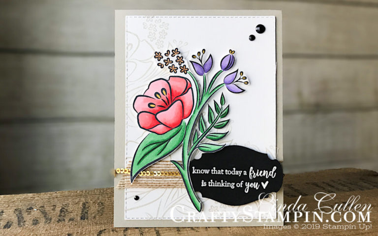 Greek Isles Achiever Blog Hop February 2019 | Stampin Up Demonstrator Linda Cullen | Crafty Stampin’ | Purchase your Stampin’ Up Supplies | All That You Are Stamp Set | Rectangle Stitched Framelits Dies | Story Label Punch | Faceted Dots | Gold Mini Sequin Trim | 5/8 Burlap Ribbon | Stampin Blends