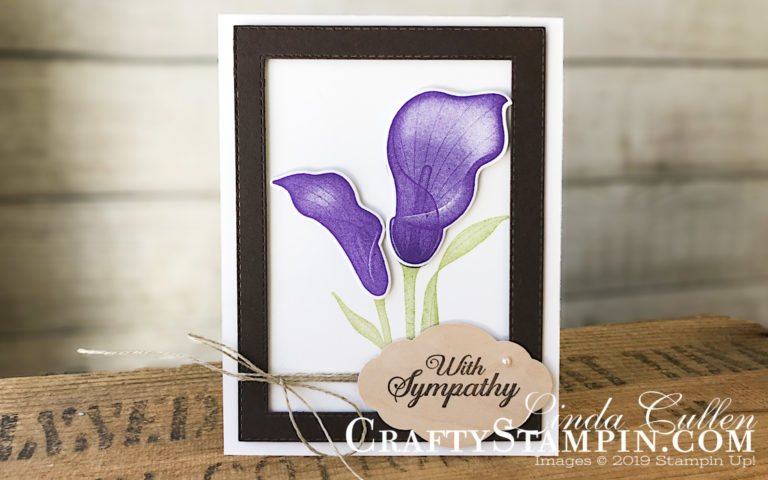 Coffee & Crafts Class: Lasting Lily Sympathy | Stampin Up Demonstrator Linda Cullen | Crafty Stampin’ | Purchase your Stampin’ Up Supplies | Lasting Lily Stamp Set | Wood Textures Designer Series Paper | Rectangle Stitched Framelits Dies | Pretty Label Punch | Pearl Basic Jewels |