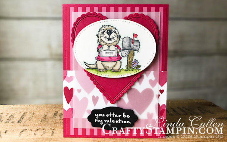 Coffee & Crafts Class: Postcard Pals - Otter Valentine | Stampin Up Demonstrator Linda Cullen | Crafty Stampin’ | Purchase your Stampin’ Up Supplies | Postcard Pals stamps set | Hey Love Stamp Set | In Color 2018 - 2020 6x6 Designer Series Paper | Be Mine Stitched Framelits | Stitched Shapes Framelits | Heart Epoxy Droplets | Stampin Blends | Lily Framelits | All My Love Designer Series Paper