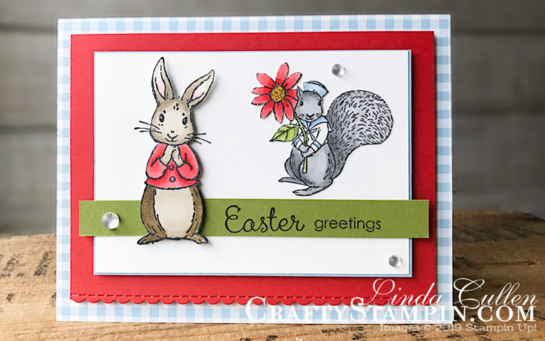 Stamp It Group 2019 Easter Blog Hop | Stampin Up Demonstrator Linda Cullen | Crafty Stampin’ | Purchase your Stampin’ Up Supplies | Fable Friends Stamp Set | Gingham Gala Designer Series Paper | Stampin’ Blends | Be Mine Stitched Framelits | Frosted & Clear Epoxy Droplets