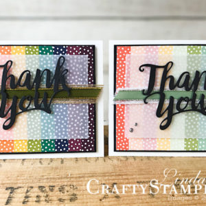 Coffee & Crafts Class: Rainbow Thank You | Stampin Up Demonstrator Linda Cullen | Crafty Stampin’ | Purchase your Stampin’ Up Supplies | Thank You Thinlits Die | Rectangle Stitched Framelits | Subltles Designer Series Paper | Regals Designer Series Paper | Neutral Designer Series Paper | Silver 3/8” Metallic-Edge Ribbon | Gold 3/8” Metallic-Edge Ribbon | Whisper White 5/8” Flax Ribbon | Burlap Ribbon