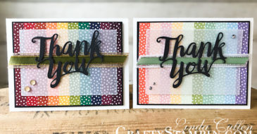 Coffee & Crafts Class: Rainbow Thank You | Stampin Up Demonstrator Linda Cullen | Crafty Stampin’ | Purchase your Stampin’ Up Supplies | Thank You Thinlits Die | Rectangle Stitched Framelits | Subltles Designer Series Paper | Regals Designer Series Paper | Neutral Designer Series Paper | Silver 3/8” Metallic-Edge Ribbon | Gold 3/8” Metallic-Edge Ribbon | Whisper White 5/8” Flax Ribbon | Burlap Ribbon