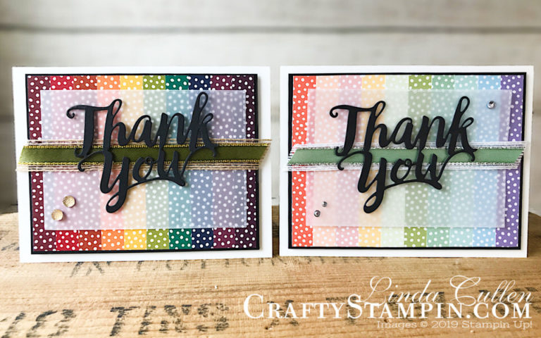 Coffee & Crafts Class: Rainbow Thank You | Stampin Up Demonstrator Linda Cullen | Crafty Stampin’ | Purchase your Stampin’ Up Supplies | Thank You Thinlits Die | Rectangle Stitched Framelits | Subltles Designer Series Paper | Regals Designer Series Paper | Neutral Designer Series Paper | Silver 3/8” Metallic-Edge Ribbon | Gold 3/8” Metallic-Edge Ribbon | Whisper White 5/8” Flax Ribbon | Burlap Ribbon