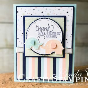 Coffee & Crafts Class: Little Elephant Thank You | Stampin Up Demonstrator Linda Cullen | Crafty Stampin’ | Purchase your Stampin’ Up Supplies | Little Elephant Stamp Sets | All Thing Thanks Stamp Set | Twinkle Twinkle Designer Series Paper | Elephant Builder Punch | Subtle Embossing Folder | Silver 3/8” Metallic Edge Ribbon | Night of Navy Gingham Ribbon