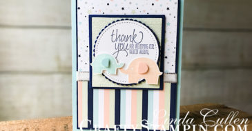 Coffee & Crafts Class: Little Elephant Thank You | Stampin Up Demonstrator Linda Cullen | Crafty Stampin’ | Purchase your Stampin’ Up Supplies | Little Elephant Stamp Sets | All Thing Thanks Stamp Set | Twinkle Twinkle Designer Series Paper | Elephant Builder Punch | Subtle Embossing Folder | Silver 3/8” Metallic Edge Ribbon | Night of Navy Gingham Ribbon