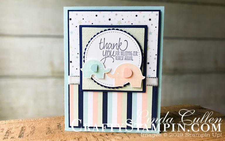 Coffee & Crafts Class: Little Elephant Thank You | Stampin Up Demonstrator Linda Cullen | Crafty Stampin’ | Purchase your Stampin’ Up Supplies | Little Elephant Stamp Sets | All Thing Thanks Stamp Set | Twinkle Twinkle Designer Series Paper | Elephant Builder Punch | Subtle Embossing Folder | Silver 3/8” Metallic Edge Ribbon | Night of Navy Gingham Ribbon