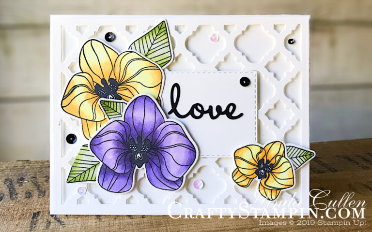 Coffee & Crafts Class: Climbing Orchid Florentine | Stampin Up Demonstrator Linda Cullen | Crafty Stampin’ | Purchase your Stampin’ Up Supplies | Climbing Orchid Stamp Set | Orchid Builder Framelits Dies | Florentine Thinlit Die | Rectangle Stitched Framelits Dies | Well Written Framelits Dies | Stampin’ Blends | Wink of Stella | Metallics Sequin Assortment