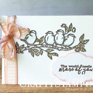 Greek Isles Achiever Blog Hop May 2019 | Stampin Up Demonstrator Linda Cullen | Crafty Stampin’ | Purchase your Stampin’ Up Supplies | Free as a bird stamp set | Very Vanilla Note Cards & Envelopes | Stampin’ Blends | Petal Pink 5/8” Organdy Striped Ribbon | Pretty Label Punch