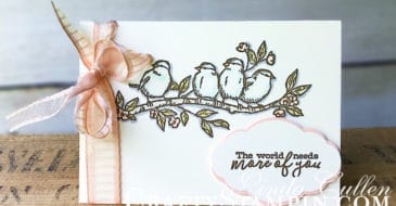 Greek Isles Achiever Blog Hop May 2019 | Stampin Up Demonstrator Linda Cullen | Crafty Stampin’ | Purchase your Stampin’ Up Supplies | Free as a bird stamp set | Very Vanilla Note Cards & Envelopes | Stampin’ Blends | Petal Pink 5/8” Organdy Striped Ribbon | Pretty Label Punch